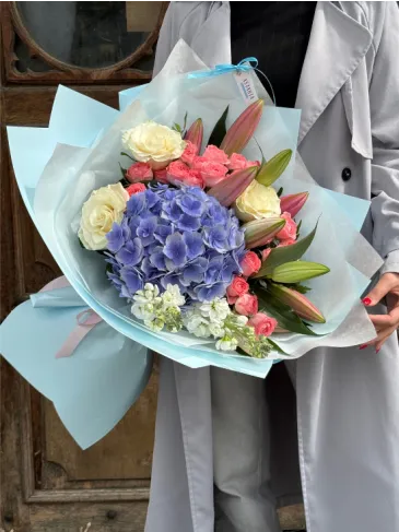 Bouquet of hydrangea, lily, stock, and rose “Violetta”