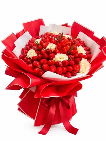 A bouquet of strawberries and white roses
