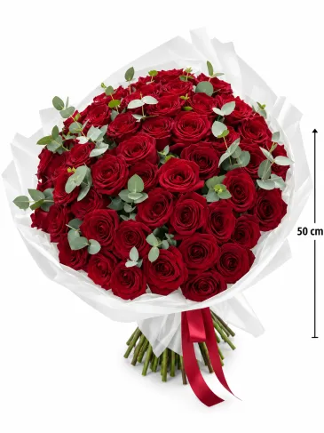 Buchet din trandafir roșu și eucalipt "Madeleine"