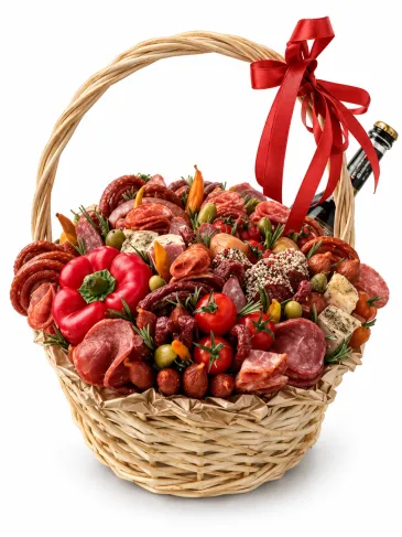 Basket with meat snacks and fresh vegetables