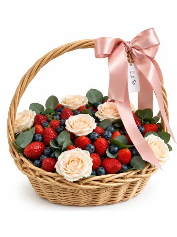 Basket with strawberries and roses