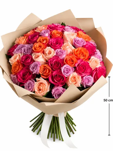 Buchet din 51 de trandafiri multicolori „Tiffany”