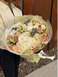 Bouquet of chrysanthemums, carnations, eustoma, spray roses, and wild daisies "Amalia"