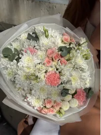 The "Camilla" bouquet with chrysanthemums, spray roses, carnations, and lisianthus
