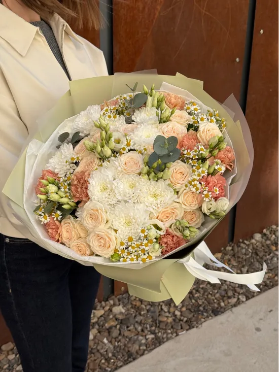 Bouquet of chrysanthemums, carnations, eustoma, spray roses, and wild daisies "Amalia"